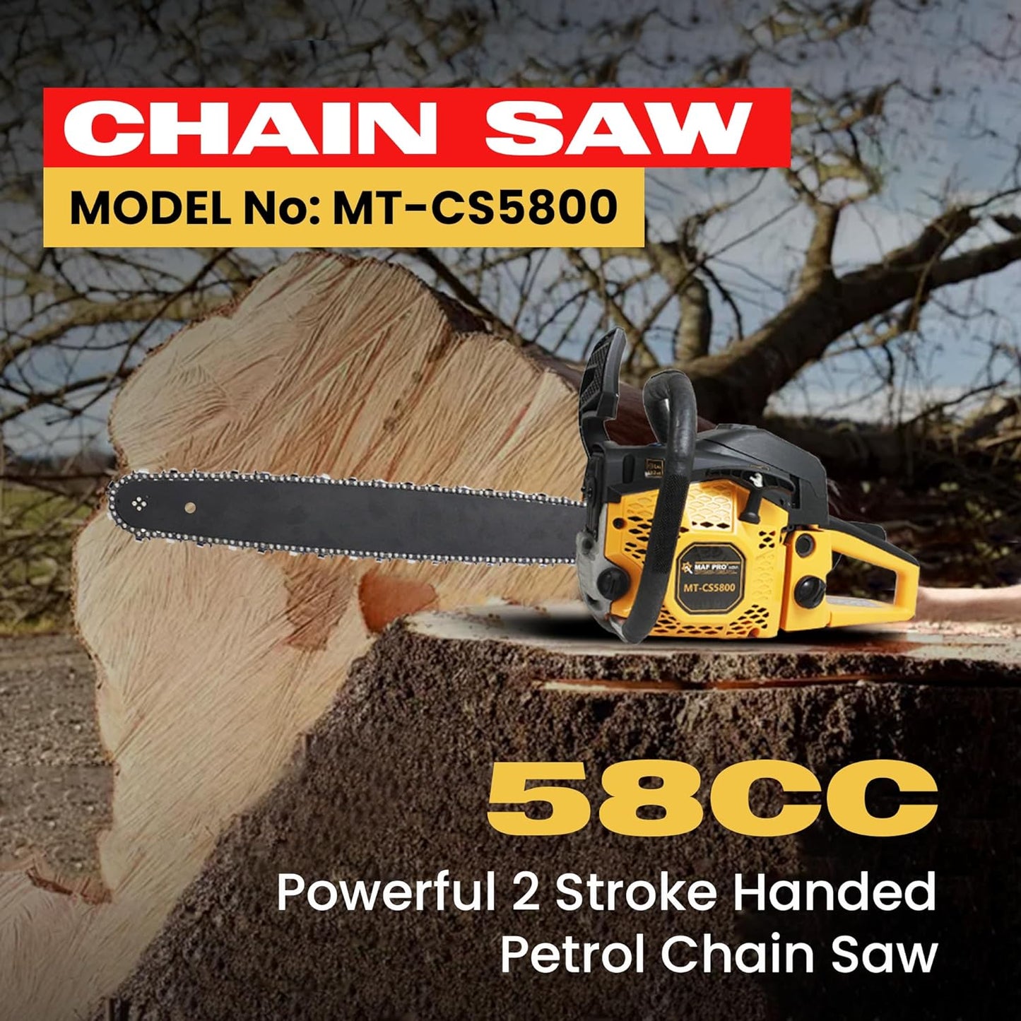 MAF PRO MT-CS5800, 22" 58CC Powerful 2 Stroke Handheld Petrol Chain Saw, Woodcutting Saw for Farm, Garden and Ranch with Tool Kit