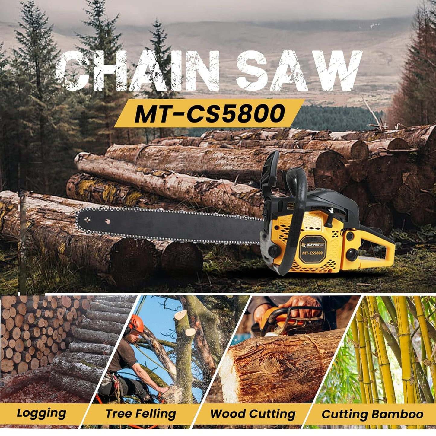 MAF PRO MT-CS5800, 22" 58CC Powerful 2 Stroke Handheld Petrol Chain Saw, Woodcutting Saw for Farm, Garden and Ranch with Tool Kit