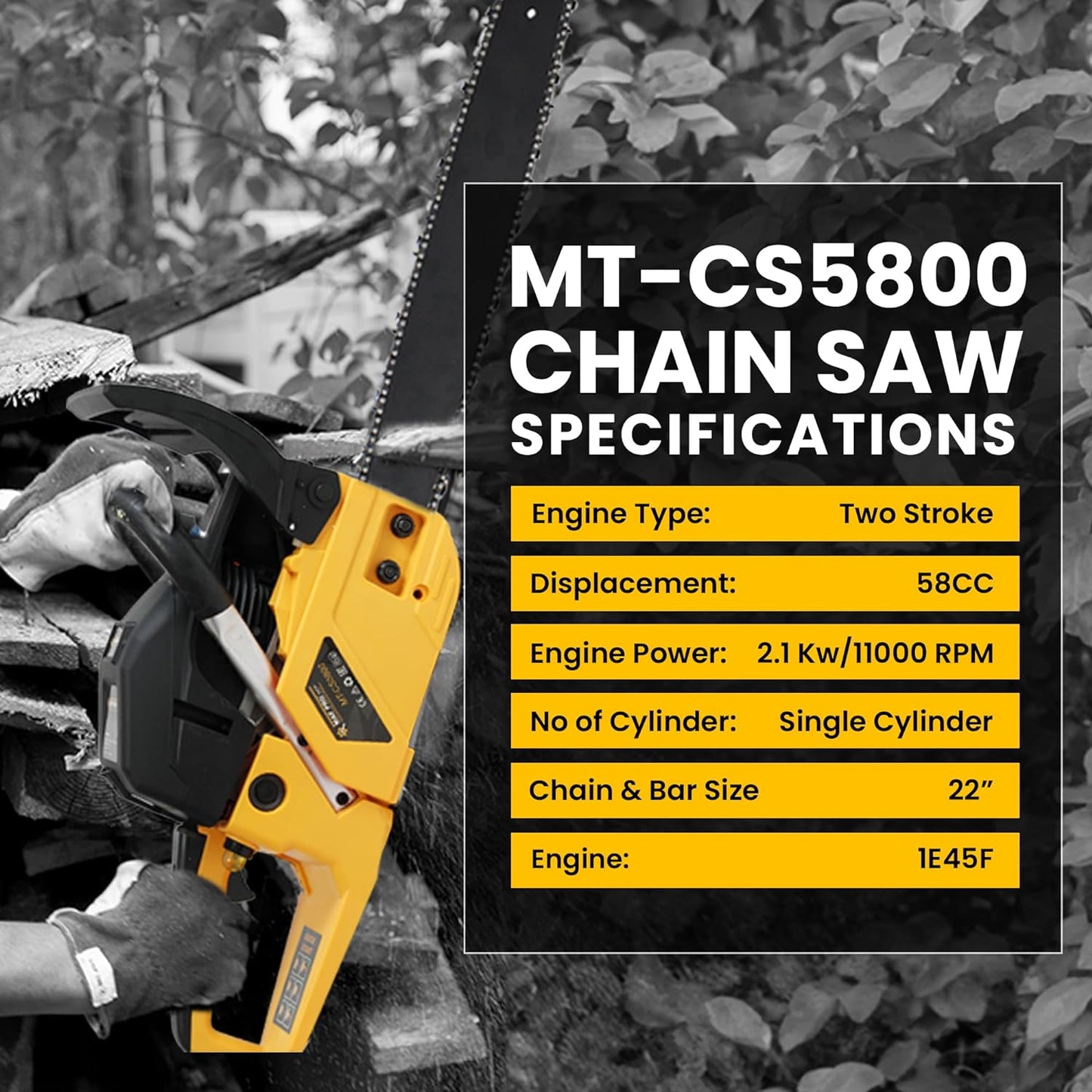 MAF PRO MT-CS5800, 22" 58CC Powerful 2 Stroke Handheld Petrol Chain Saw, Woodcutting Saw for Farm, Garden and Ranch with Tool Kit