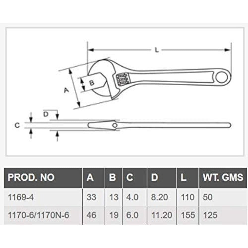 AEGON Taparia 155mm/6 inch Single Sided Phosphate Finish Adjustable Spanner Wrench