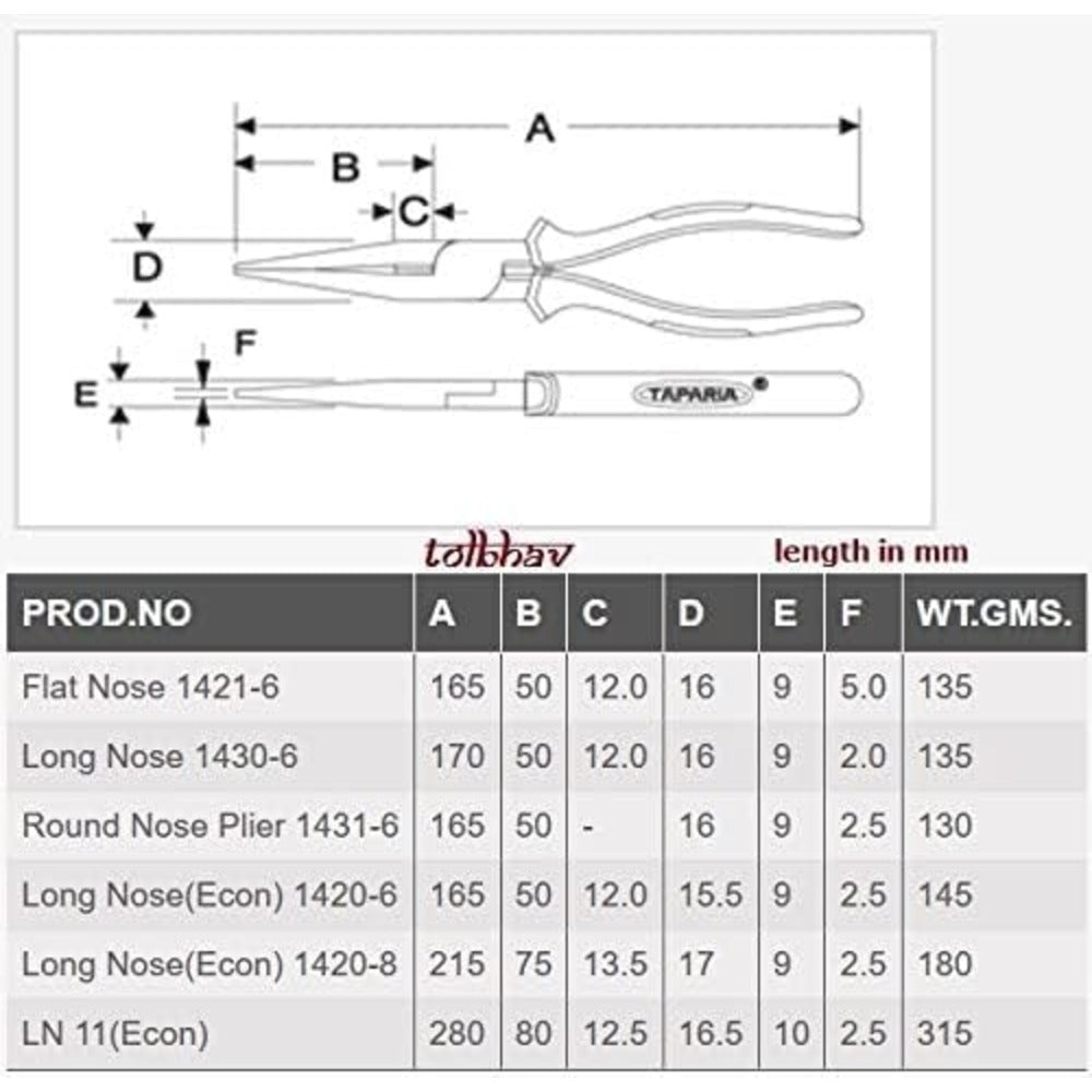 Taparia 205mm/8 inch Econ Series Long Nose Plier