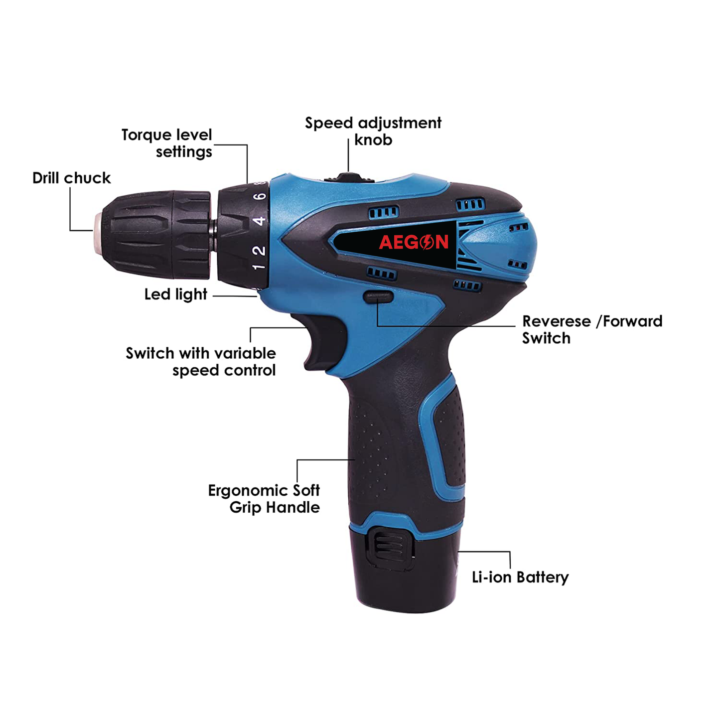 Aegon Professional ACS12V - 10mm रिवर्सिबल/वैरिएबल स्पीड कॉर्डलेस स्क्रूड्राइवर (30 पीस टूल किट)