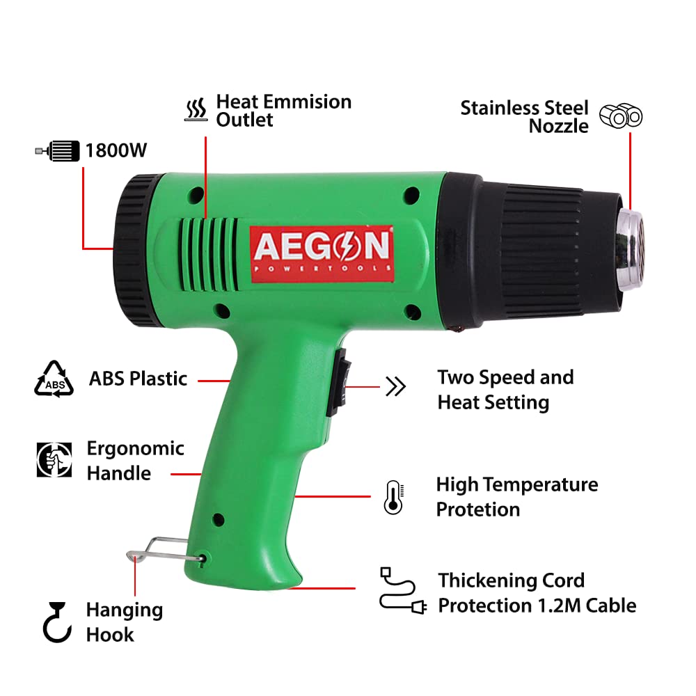 Aegon AHG-1800 - पेशेवर दोहरी तापमान वाली हीट गन/हॉट एयर गन (दोहरी तापमान 350 °C | 550 °C, 1800W, हरा)