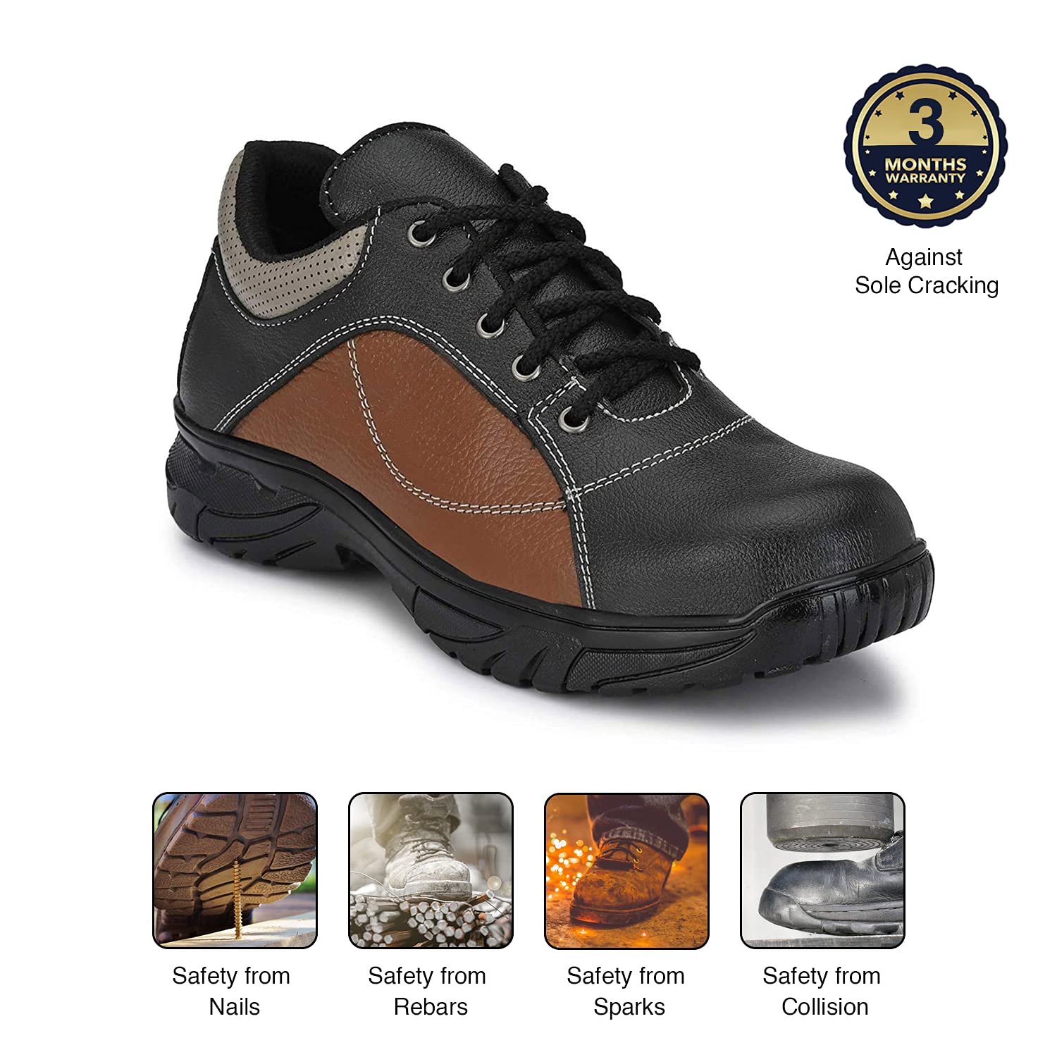 Aegon Thunder Industrial Water Resistant Anti Skid Leather Safety Shoes for Men - Black & Brown