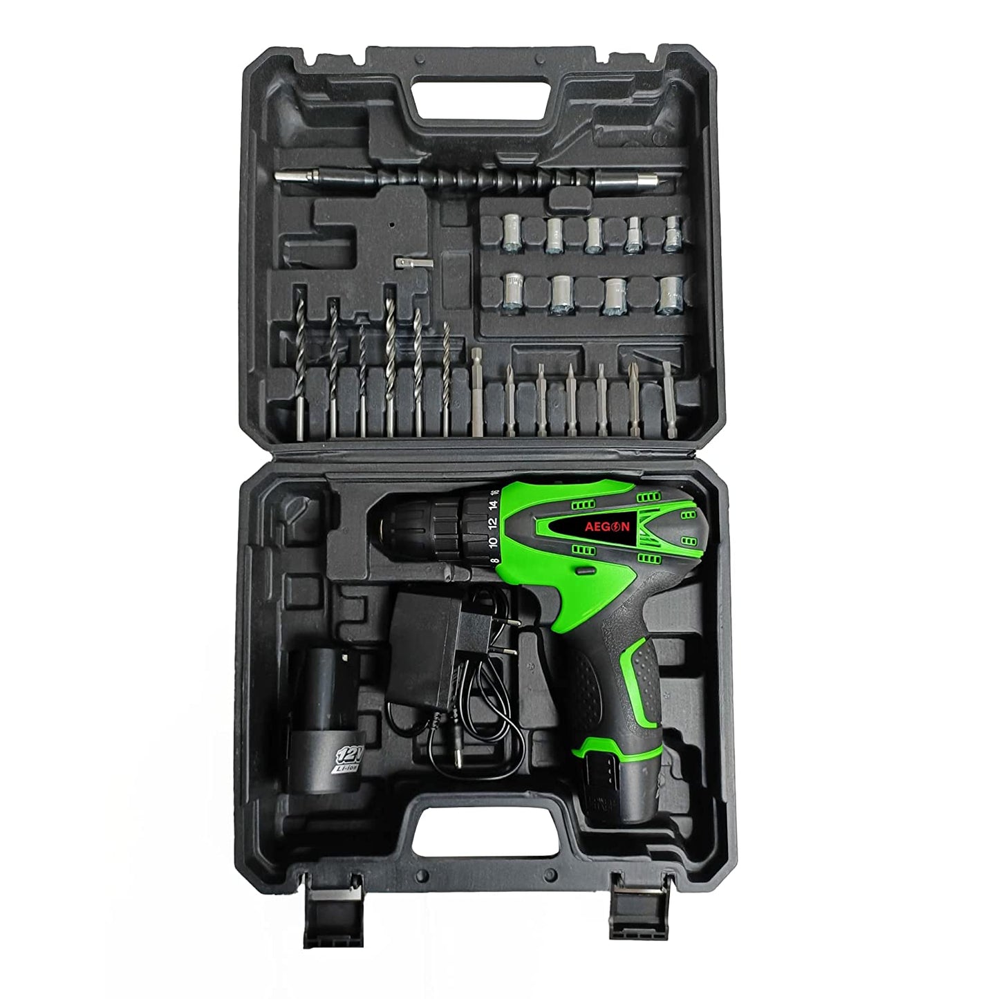 AEGON ACS 12V Green 10mm 12V Reversible Variable Speed Cordless Screwdriver with 2 Batteries & 30 Pc Tool Kit Cordless Drill (10 mm Chuck Size)