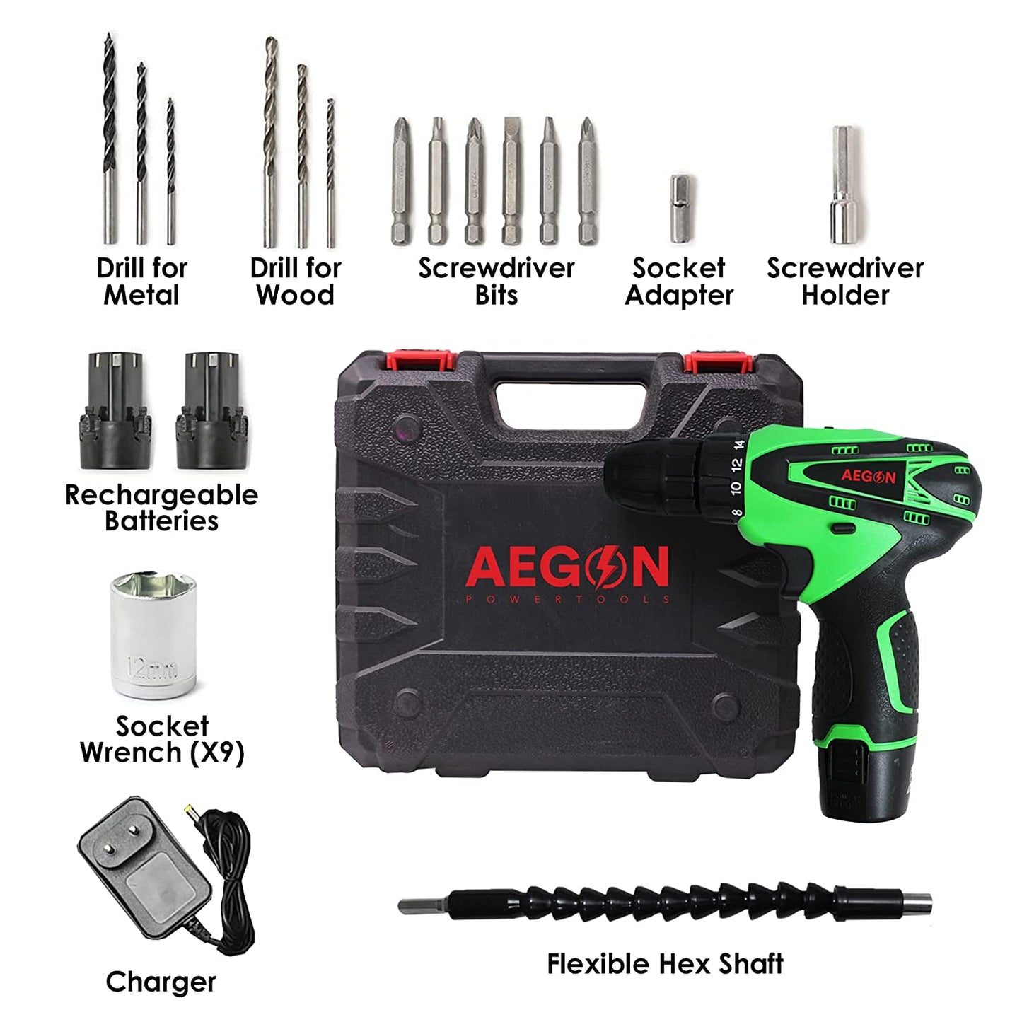 AEGON ACS 12V Green 10mm 12V Reversible Variable Speed Cordless Screwdriver with 2 Batteries & 30 Pc Tool Kit Cordless Drill (10 mm Chuck Size)