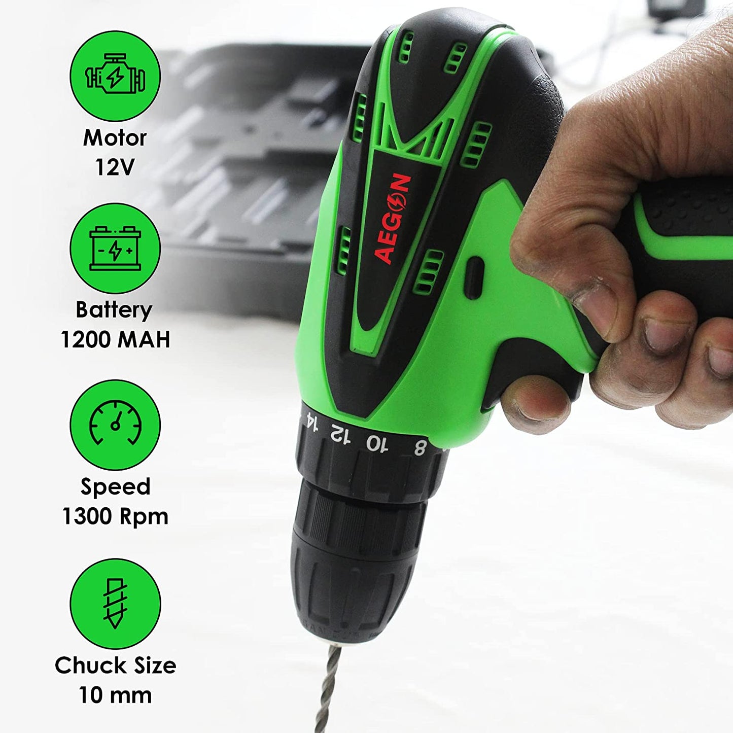 AEGON ACS 12V Green 10mm 12V Reversible Variable Speed Cordless Screwdriver with 2 Batteries & 30 Pc Tool Kit Cordless Drill (10 mm Chuck Size)