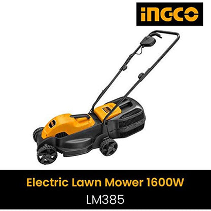 Ingco LM385 Electric Lawn Mower - Powerful 1600W Motor, 38cm Cutting Diameter, 3 Height Adjustments, 45L Grass Box