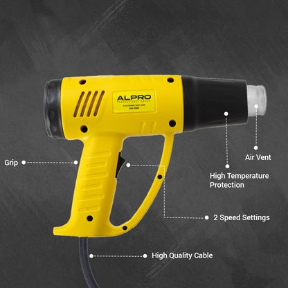 ALPRO 2000W Professional Hot Air Heat Gun with Steel Nozzle, Temperature Control, 2-Speed, Lightweight Design for Shrink Wrapping, Packing, Paint Removal, Industrial Applications