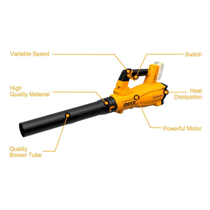Ingco CABLI20408 20V Li-ion Leaf Blower | Cordless Handheld Sweeper with Variable Speed - Includes 2 Batteries & Charger
