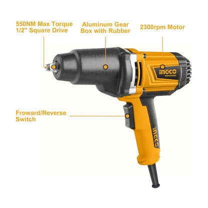 Ingco IW 10508 1/2'' Electric Impact Wrench Kit - 1050W Motor, 550N.M Torque, Aluminum Gear Box, 6 Sockets, Ergonomic Design