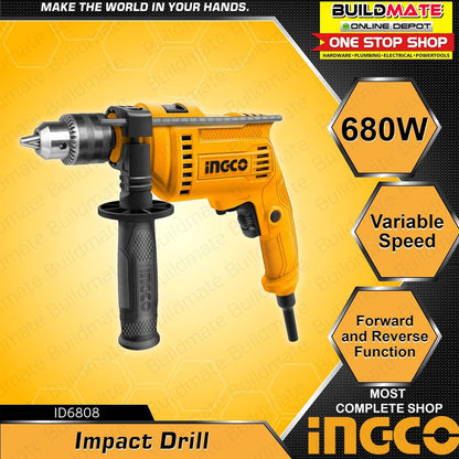 Ingco ID6808 Percussion Drill - Professional 680W Hand-Operated Tool with Reversible Variable Speed and Lock Speed Button