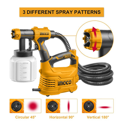 Ingco SPG5008 HVLP Electric Spray Gun - 3 Spray Patterns, 500W, 850ml Flow, Adjustable Valve Knob, Ideal for Indoor & Outdoor Projects