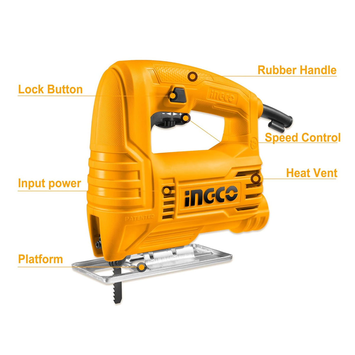 Ingco JS400285 Corded Jigsaw with 400W Motor - Variable Speed, Bevel Cutting, and Dust Removal System for Precision DIY and Professional Woodworking