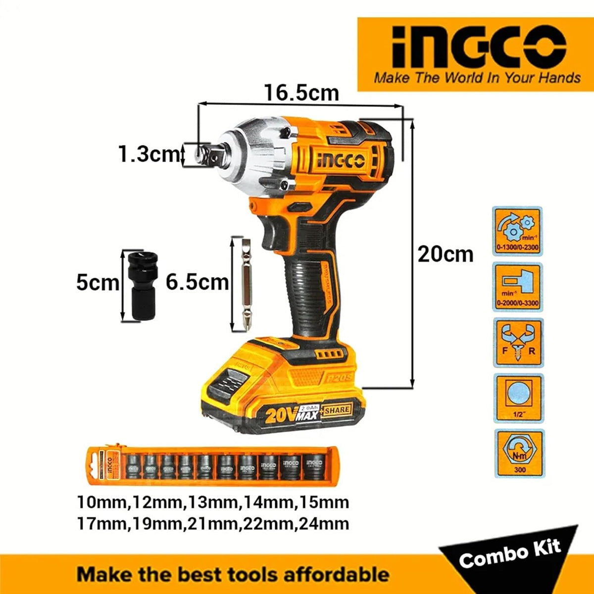Ingco COSLI23011 20V Cordless Impact Wrench Combo Kit with Work Lamp, Socket Set & Screwdriver - Powerful Lithium-Ion Performance