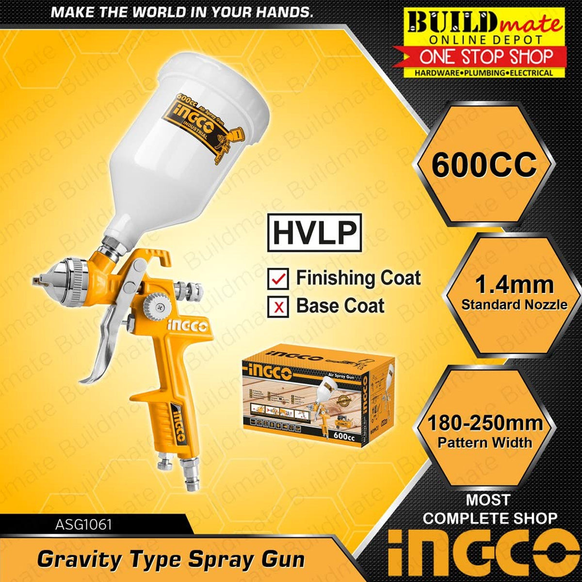 Ingco ASG1061 HVLP Spray Gun - High Volume Low Pressure Electric Paint Sprayer (600cc, 180-250mm, 1.4mm Nozzle
