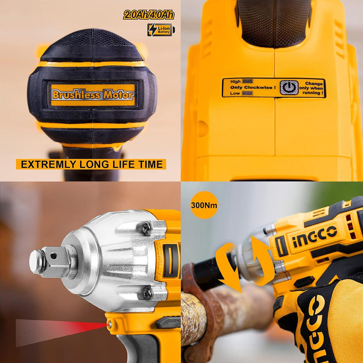 Ingco CIWLI2001 20V Cordless Impact Wrench - 3300 RPM, 300NM Max Torque, Brushless Motor, LED, 2 Batteries & Charger