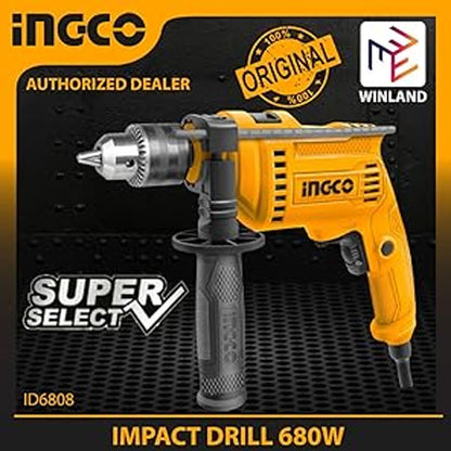 Ingco ID6808 Percussion Drill - Professional 680W Hand-Operated Tool with Reversible Variable Speed and Lock Speed Button