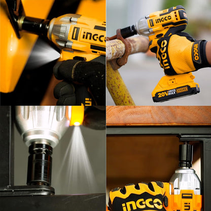 Ingco CIWLI2001 20V Cordless Impact Wrench - 3300 RPM, 300NM Max Torque, Brushless Motor, LED, 2 Batteries & Charger