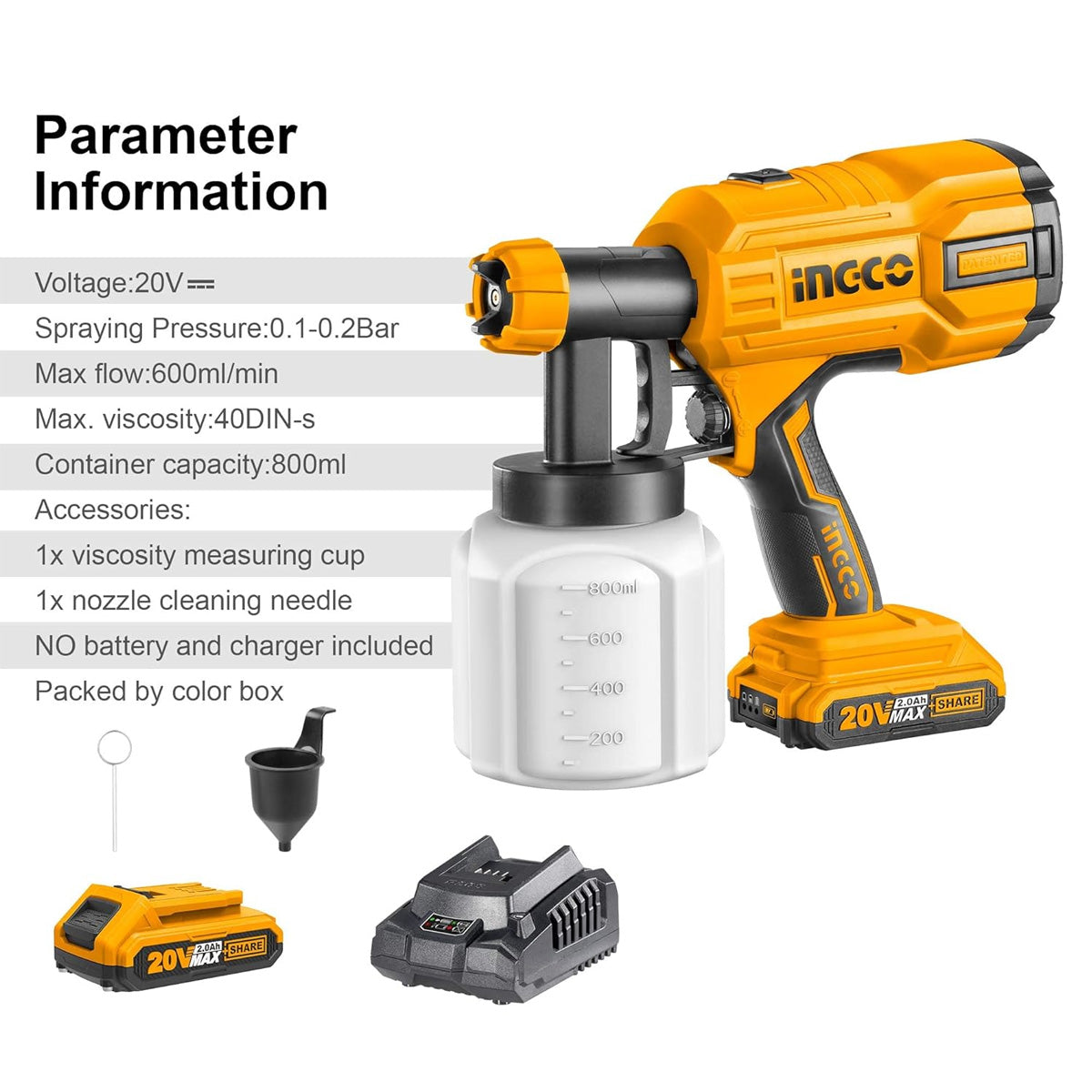 Ingco CSGLI20402 20V Lithium Ion Cordless Spray Gun Efficient Electr Aegon Power