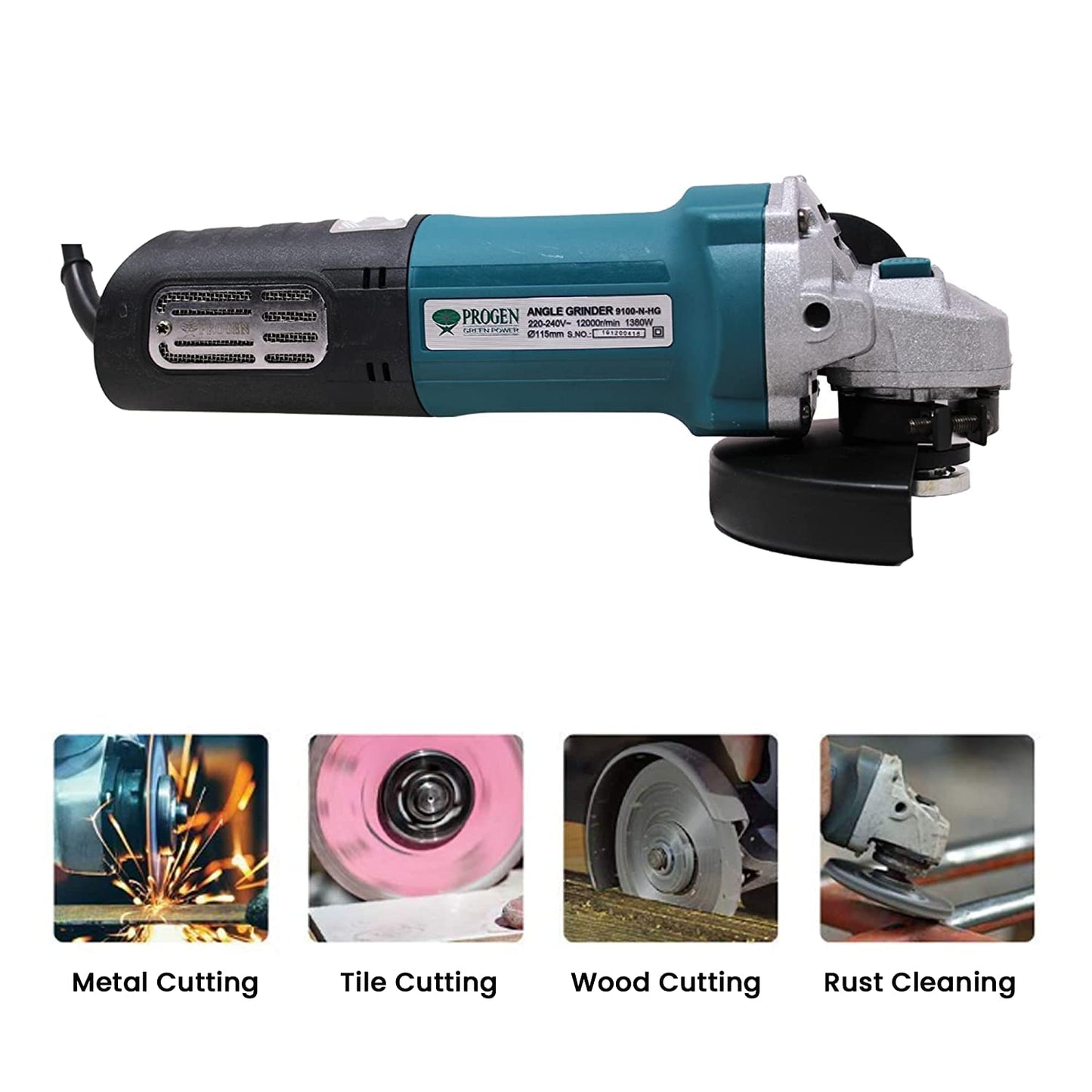 PROGEN 9100-NHG, 1380W, 115mm Heavyduty 4.5 Inch Angle Grinder for Grinding, Cutting, Sharpening, Polishing, Removing Rust (12000Rpm)