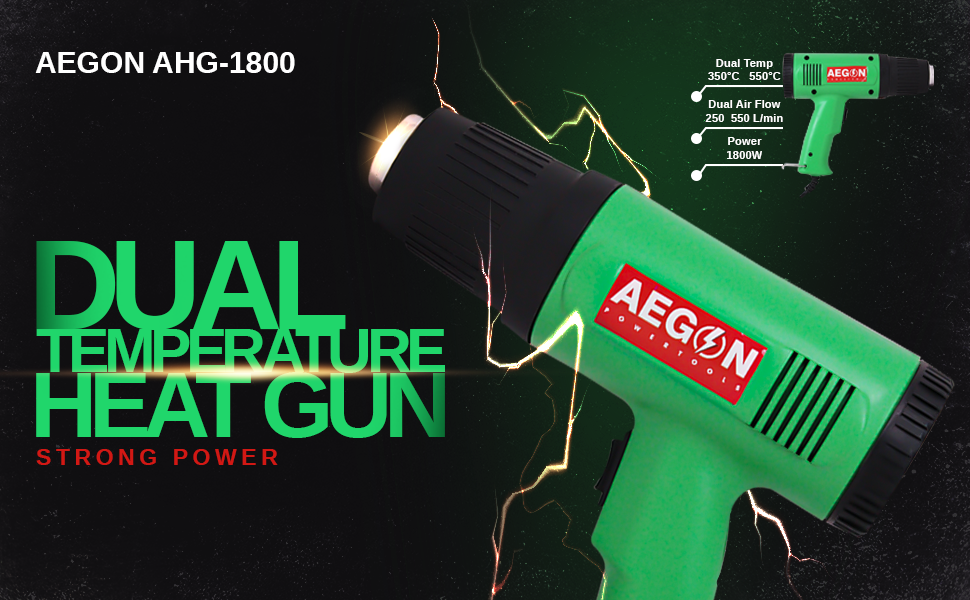 Aegon AHG-1800 - Professional Dual Temperature Heat Gun/Hot Air Gun (Dual Temp 350 °C | 550 °C, 1800W, Green)