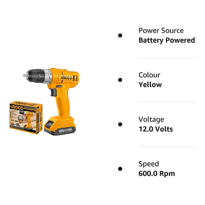 Ingco CDLI1211 12V Cordless Drill - Powerful 600W, Lock Speed Button, Compact Design