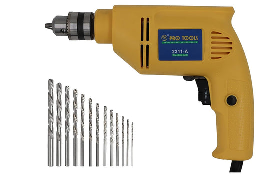 PRO TOOLS 2311-A, 10mm, 430W Electric Drill Machine, Copper Armature, 10mm Chuck, 2800 RPM, 2 Mode Selector, Forward/Reverse with Variable Speed with 13 Pieces Bits