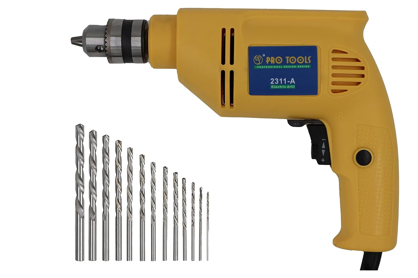 PRO TOOLS 2311-A, 10mm, 430W Electric Drill Machine, Copper Armature, 10mm Chuck, 2800 RPM, 2 Mode Selector, Forward/Reverse with Variable Speed with 13 Pieces Bits