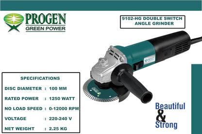 PROGEN 9102-HG, 1250W, 4 Inch Heavyduty Angle Grinder with Double Switch for Grinding, Cutting, Sharpening, Polishing, Removing Rust (12000Rpm)