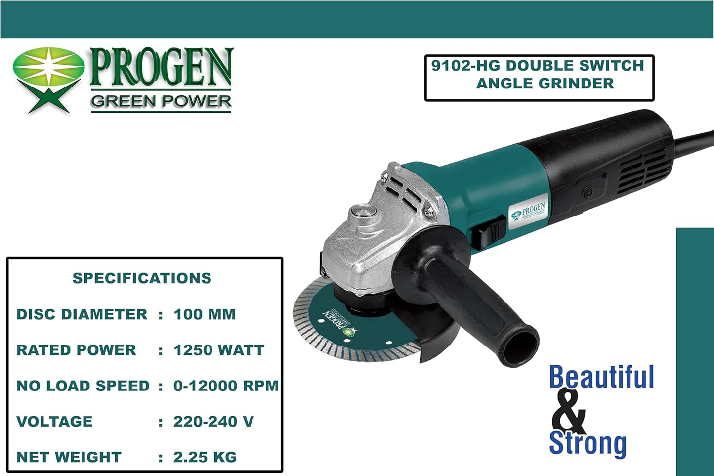 PROGEN 9102-HG, 1250W 4-inch Heavyduty Angle Grinder with Double Switch for Grinding, Cutting, Sharpening, Polishing, Removing Rust (12000Rpm)