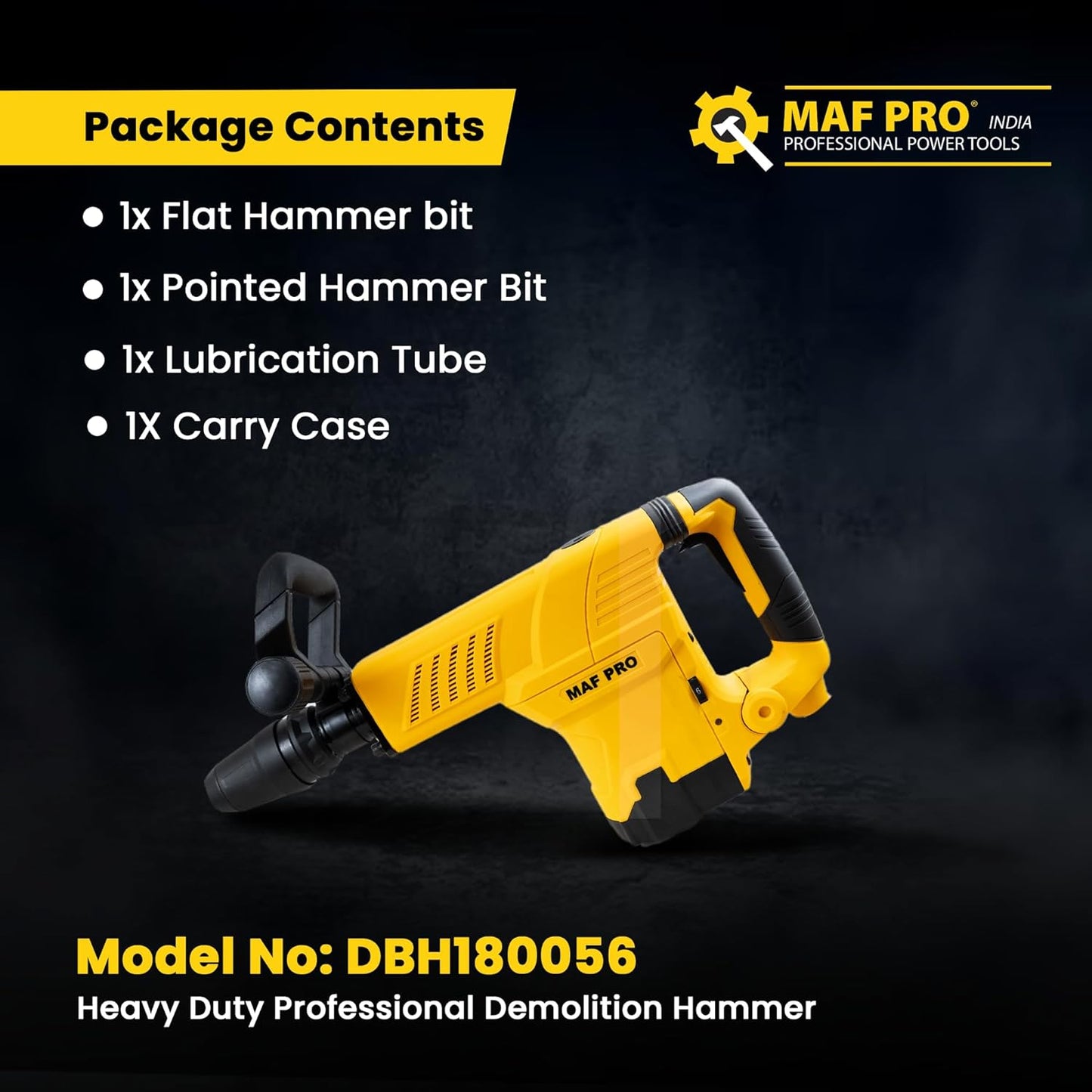 MAF PRO DBH180056 11kg Heavy Duty Professional Breaker/Demolition Hammer/Concrete Breaker with Pointed and Flat Chisel Bits For Chipping/Demolition (1800W, 0-27J, 0-2000bpm)