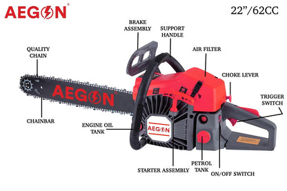 Aegon 62CC 22-Inch Petrol Chainsaw: Heavy-Duty Woodcutting Saw for Farm, Garden, and Ranch