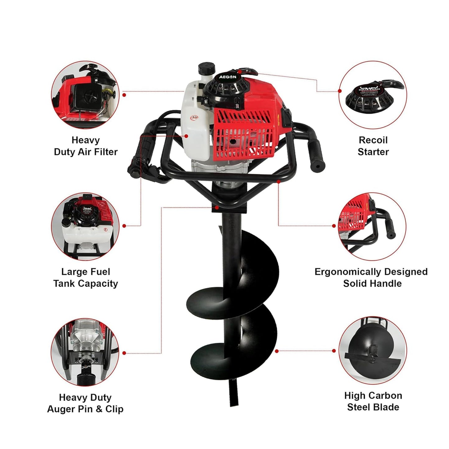 Aegon AEA63 Earth Auger 63 CC with 8" Drill Bit | Heavy Duty Engine | Ideal for Fencing, Plantation & Digging | Powerful Engine for All Soil Types