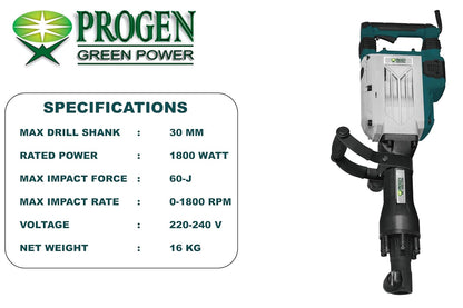 PROGEN 9591-HG 18.5kg Heavy Duty Professional Breaker/Demolition Hammer/Concrete Breaker For Chipping/Demolition (1800W, 60J, 0-1800bpm, 30mm Max Drill Shank)