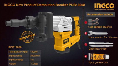 Ingco PDB13008 - Demolition Breaker, Corded Electric, with Anti-Vibration System (1300W), Black/Yellow