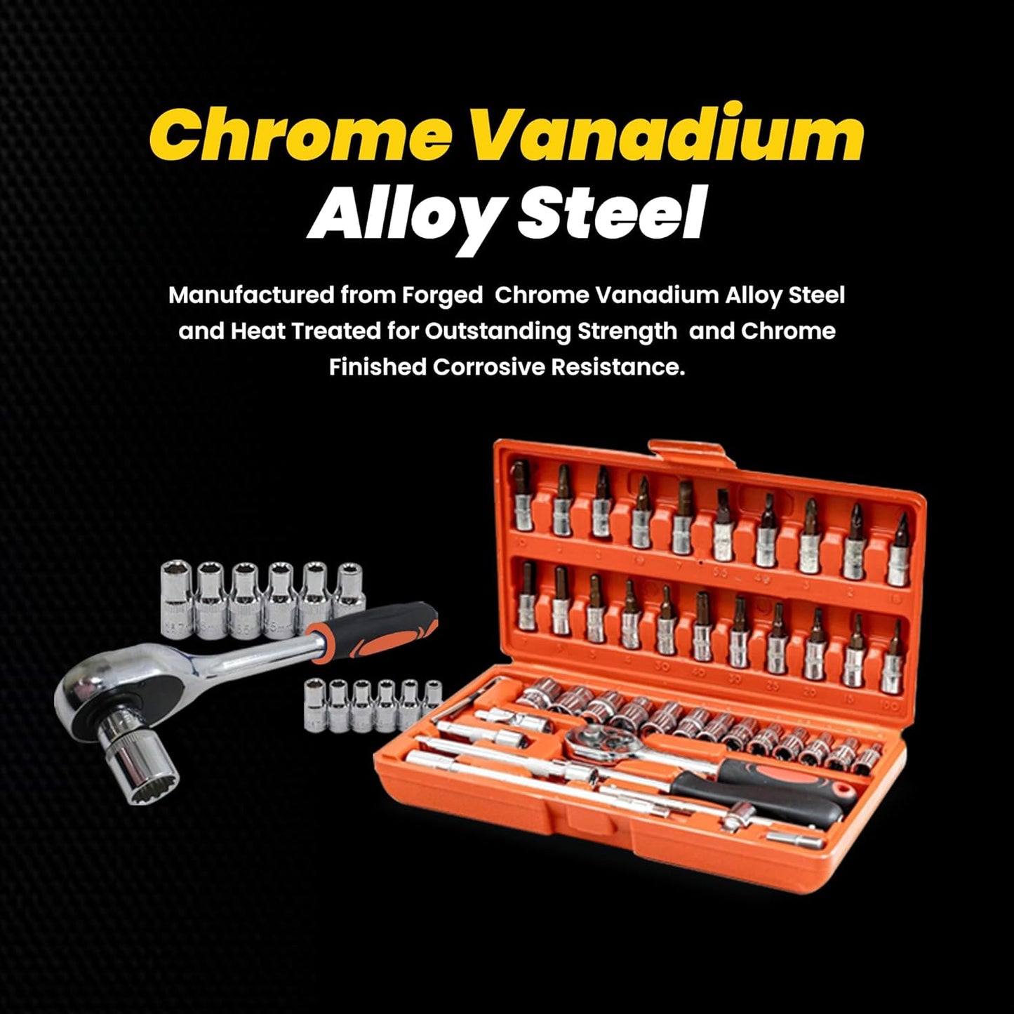 MAF Heavy Duty 1/4" Combinational Ratchet Socket Wrench Spanner 46 Pieces Chrome Vanadium Hand Tool Kit Set For Repairing Work, DIY, Auto Repairs Car & Bike (Assorted Colors)