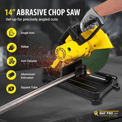 MAF PRO MCM22001 14 Inch Chop Saw Machine with Locking Chain & Variable Speed Control For Cutting Metal, Steel Pipe, Tmt, Rebars, Pvc Channels and Angles Metal Cutter (2200 W, 3900 Rpm, 355mm)