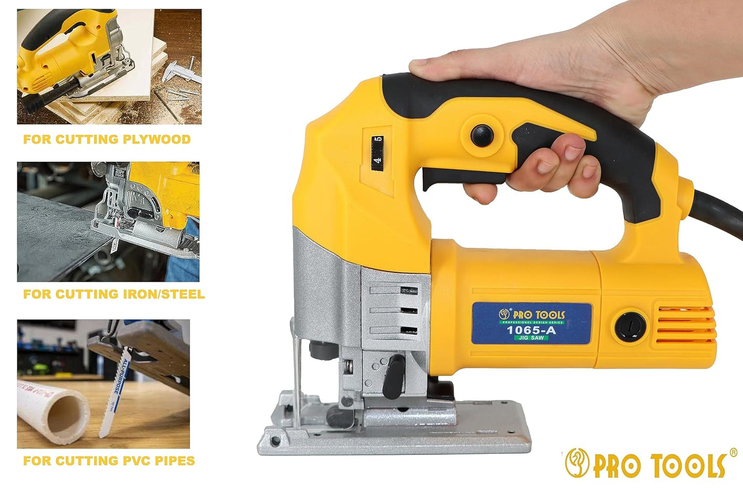 PRO TOOLS 1065-A, 600W | 500-3000rpm | Max Cutting Depth 65mm Corded Jigsaw for Wood, Cutting Iron/Steel