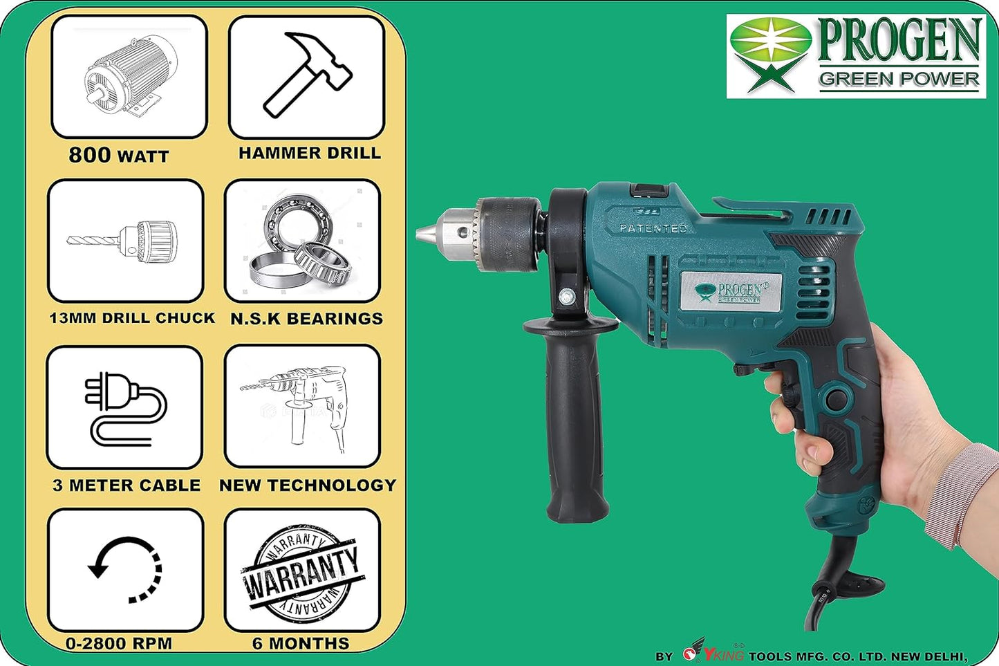 PROGEN 9213-HG 800W Electric Impact Drill 13mm with Forward/Reverse Function with Variable Speed Control ( Copper Armature, 2800 RPM, Chuck 13mm)