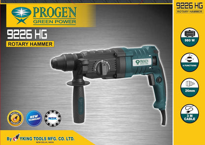 PROGEN 9226HG 980W Heavy Duty 26mm Rotary Hammer Drill, Variable Speed Reversible Function with 5 Bits For Hammering, Chiseling on Wood, Metal, Concrete (1300 Rpm)