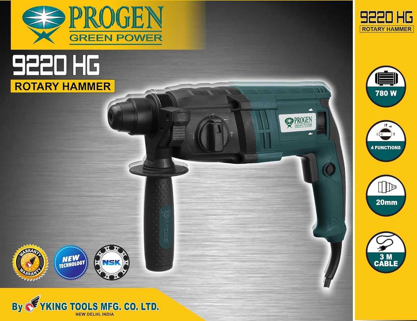 PROGEN 9220-HG, 20mm, 780W SDS Plus Type Shank Variable Speed Reversible 4 Functions Rotary Hammer Drill with 3 Bits (3900 bpm, 2000 Rpm)
