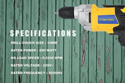 PRO TOOLS 1023-A, 10mm, 600W Impact Electric Drill Machine, Copper Armature, 10mm Keyless Auto Chuck, 3200 RPM, 2 Mode Selector, Forward/Reverse with Variable Speed with 5 Pieces Bits