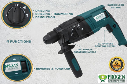 PROGEN 9220-HG 780W 20mm Rotary Hammer Drill Machine, SDS Plus Shank, Variable Speed, Reversible 4 Functions with 3 Bits For Hammering & Drilling on Concrete, Masonry & Wood (3900 bpm, 2000 Rpm)