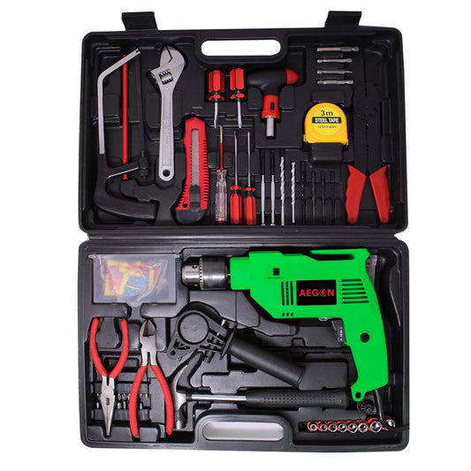 Aegon ADM13-G 13mm, 650W Impact Drill Machine/Screwdriver & Hand Tools Kit with 121 Accessories for DIY, Home and Professional Use, Green