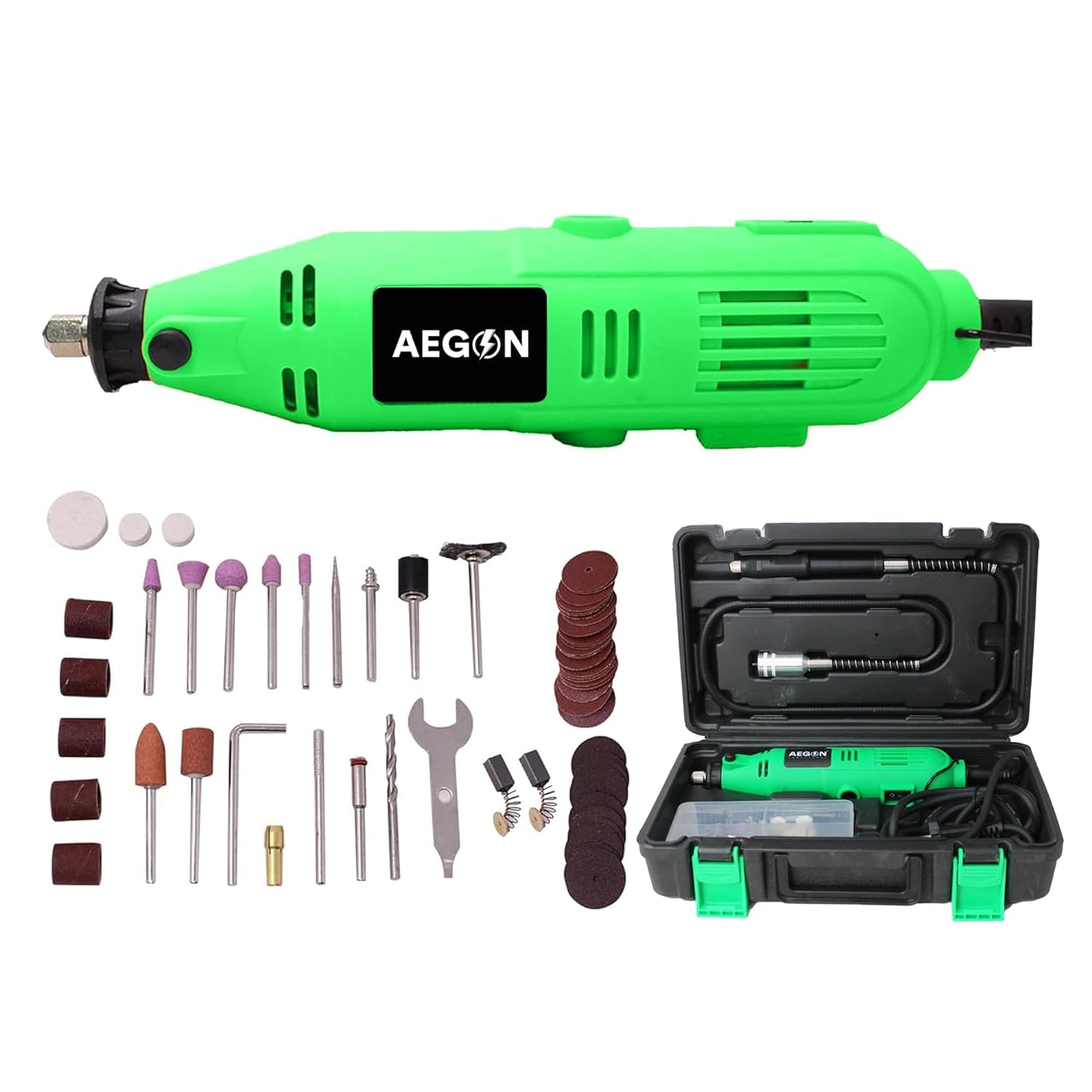AEGON AG-DG130 Multifunctional Mini Rotary 52 Pieces Die Grinder Kit with Flexible Shaft and Variable Speed for Jade Carving, Wood Punching, Sanding, Buffing, Polishing, Engraving (130W, 52 Pcs)