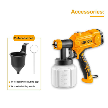 INGCO SPG3508 Electric Paint Spray Gun Matte Finish 450 Watt with Viscosity Measuring Cup 800 ml Capacity for Home Improvement & Industrial Use (Orange, 1 Set)