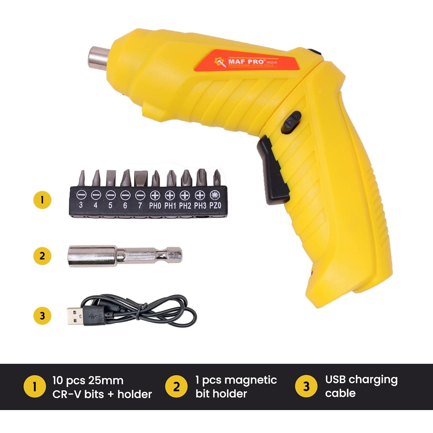 MAF PRO CDSLI0402 4V Cordless Screwdriver Kit with LED Light, Rechargeable, 90° Rotatable (11 Pieces, 6.35mm, Yellow)