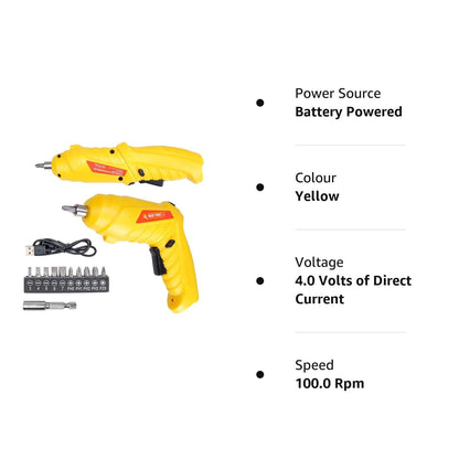 MAF PRO CDSLI0402 4V Cordless Screwdriver Kit with LED Light, Rechargeable, 90° Rotatable (11 Pieces, 6.35mm, Yellow)