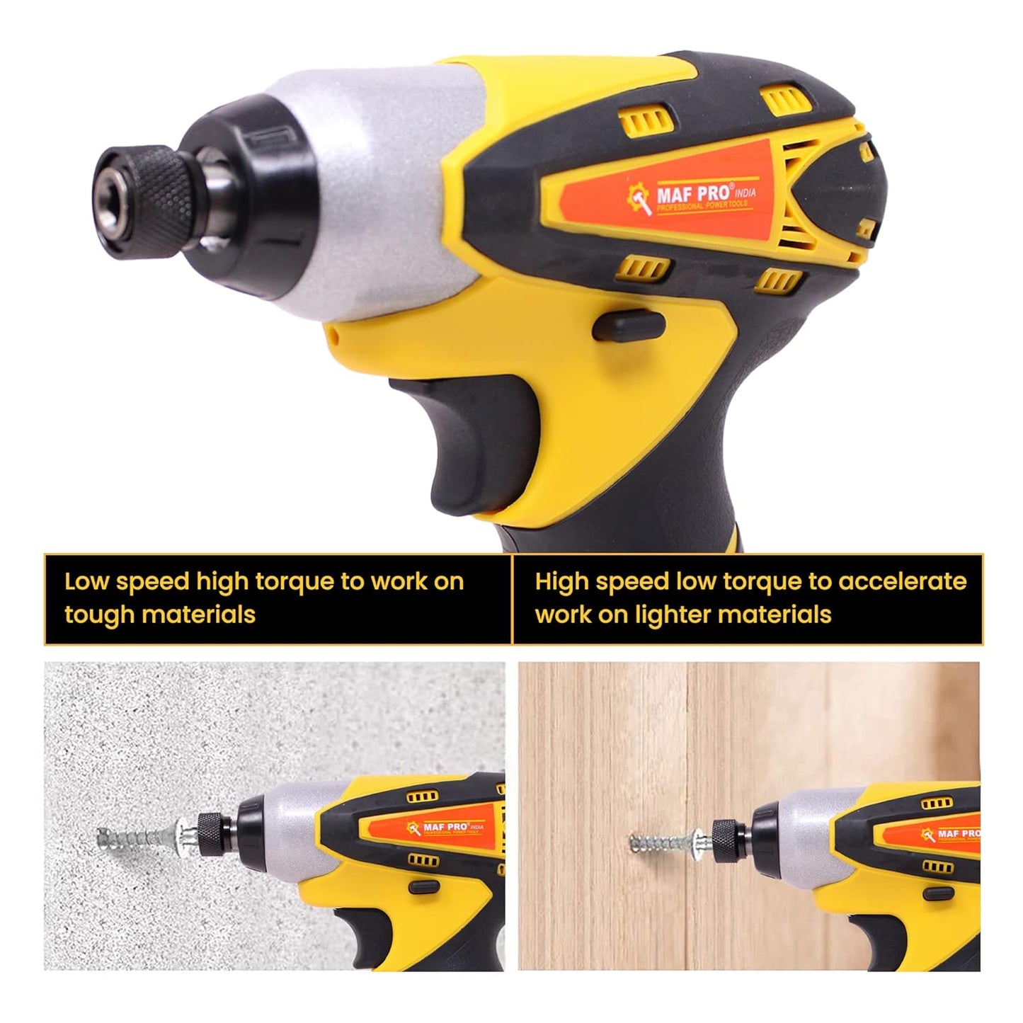 MAF PRO CIDLI1270 12V Li-ion Reversible Variable Speed Cordless Screwdriver/Impact Drill Driver with 6 Screwdriver Bits & 1 Bit Holder, Yellow